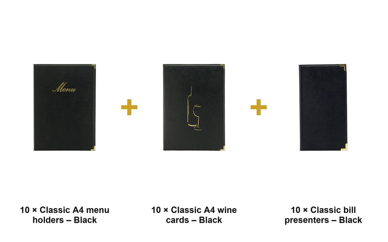 Load image into Gallery viewer, Securit Menu Suite - Classic A4 Black - 10 Menu Holders + 10 Wine Cards + 10 Bill Presenters - what is in the set
