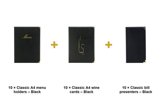 Securit Menu Suite - Classic A4 Black - 10 Menu Holders + 10 Wine Cards + 10 Bill Presenters - what is in the set