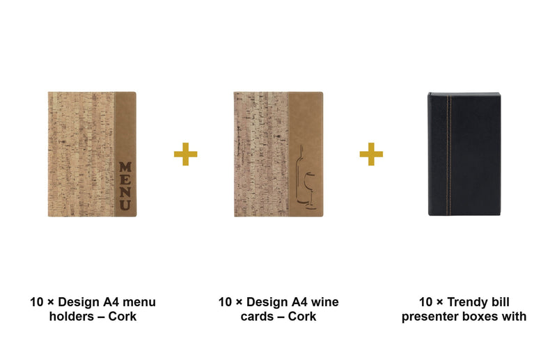 Load image into Gallery viewer, Securit Menu Suite - Design A4 Cork - 10 Menu Holders + 10 Wine Cards + 10 Bill Presenter Boxes - what is in the set

