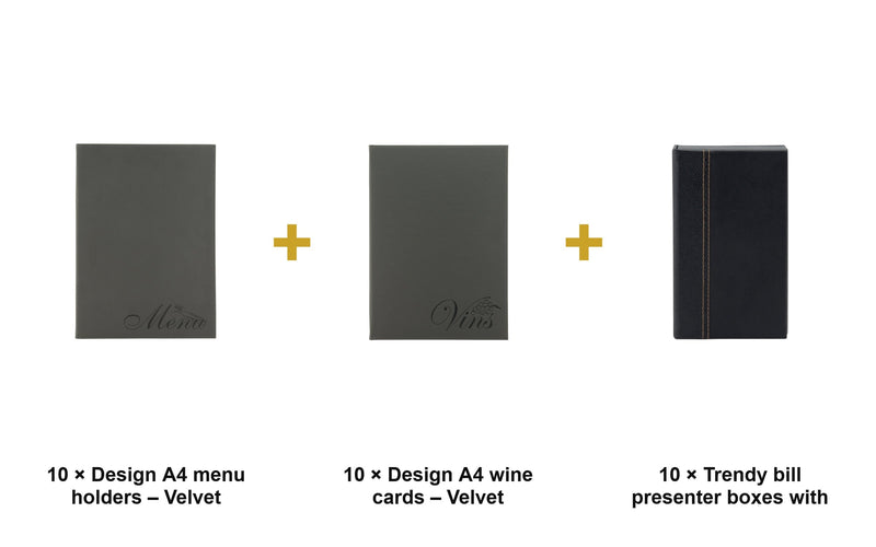 Load image into Gallery viewer, Securit Menu Suite - Design A4 Velvet - 10 Menu Holders + 10 Wine Cards + 10 Bill Presenter Boxes - what is in the set
