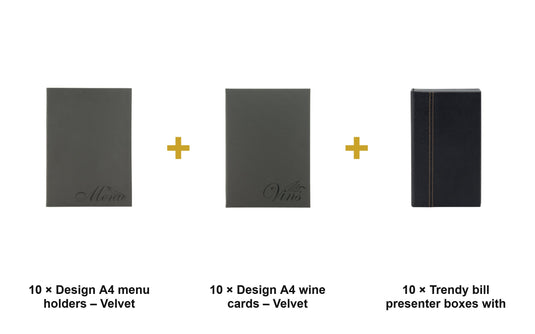 Securit Menu Suite - Design A4 Velvet - 10 Menu Holders + 10 Wine Cards + 10 Bill Presenter Boxes - what is in the set