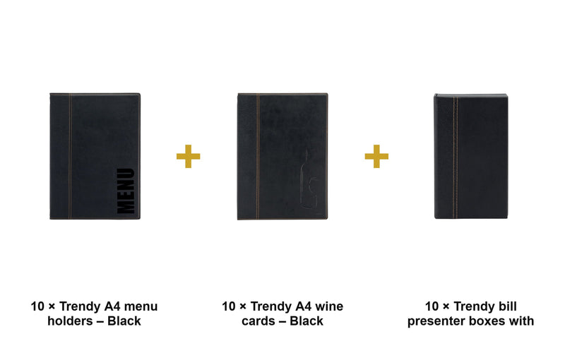 Load image into Gallery viewer, Securit Menu Suite - Trendy A4 Black - 10 Menu Holders + 10 Wine Cards + 10 Bill Presenter Boxes - what is in the set
