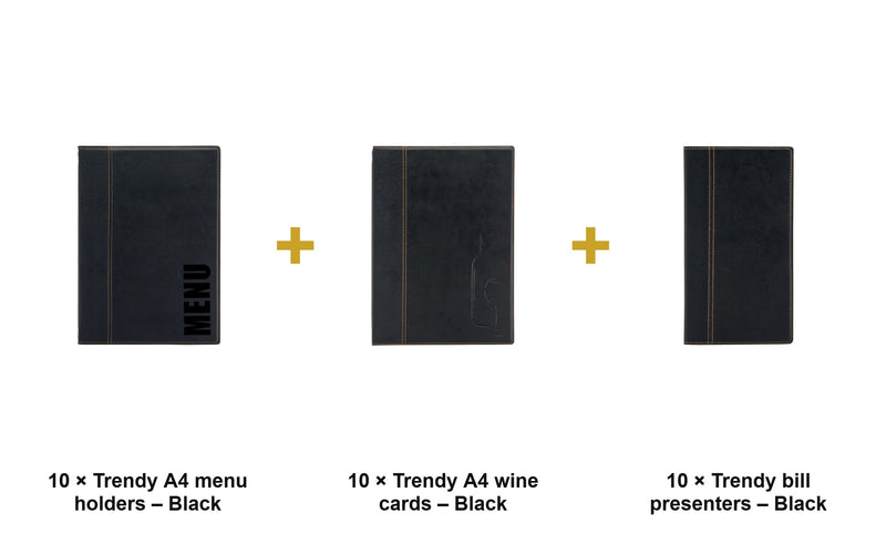 Load image into Gallery viewer, Securit Menu Suite - Trendy A4 Black - 10 Menu Holders + 10 Wine Cards + 10 Bill Presenters - what is in the set

