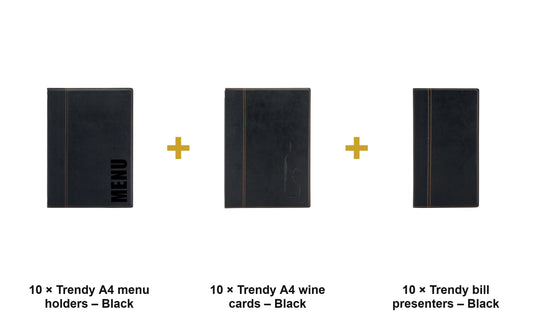 Securit Menu Suite - Trendy A4 Black - 10 Menu Holders + 10 Wine Cards + 10 Bill Presenters - what is in the set