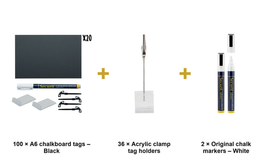 Securit Price Tag Set - A6 Black Chalkboard Tags (100) + Acrylic Clamp Holders (36) + White Markers - what is in the set