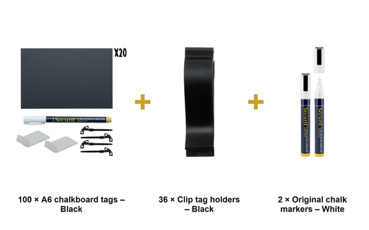 Securit Price Tag Set - A6 Black Chalkboard Tags (100) + Clip Holders (36) + White Markers - what is in the set