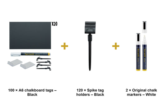 Securit Price Tag Set - A6 Black Chalkboard Tags (100) + Spike Holders (120) + White Markers - what is in the set
