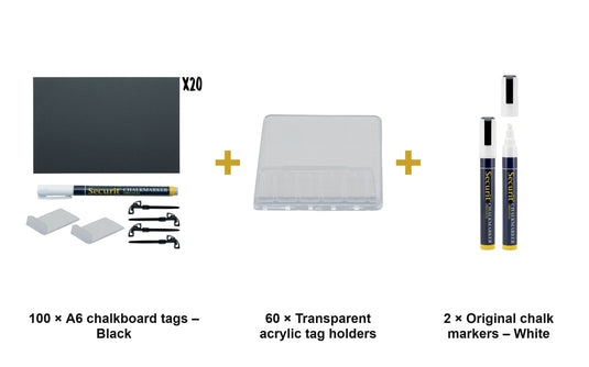 Securit Price Tag Set - A6 Black Chalkboard Tags (100) + Transparent Holders (60) + White Markers - what is in the set