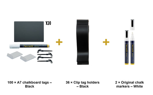 Securit Price Tag Set - A7 Black Chalkboard Tags (100) + Clip Holders (36) + White Markers - what is in the set