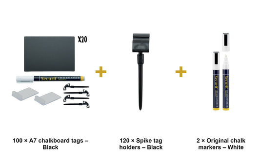 Securit Price Tag Set - A7 Black Chalkboard Tags (100) + Spike Holders (120) + White Markers - what is in the set