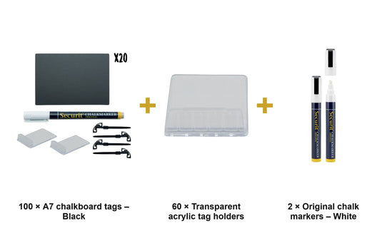 Securit Price Tag Set - A7 Black Chalkboard Tags (100) + Transparent Holders (60) + White Markers - what is in the set