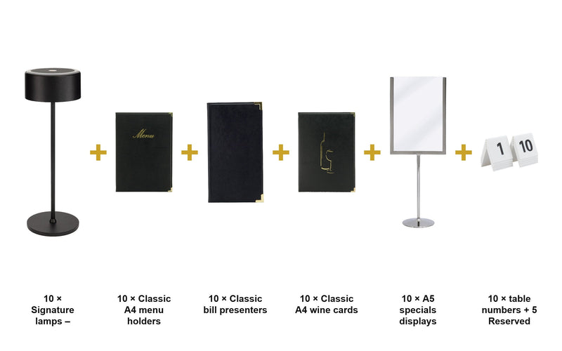 Load image into Gallery viewer, Securit Ready Table Set for 10 Tables - Classic Black Complete - Lamps + Menus + Wine Cards + Bill Presenters + Specials Displays + Table Numbers - what is in the set
