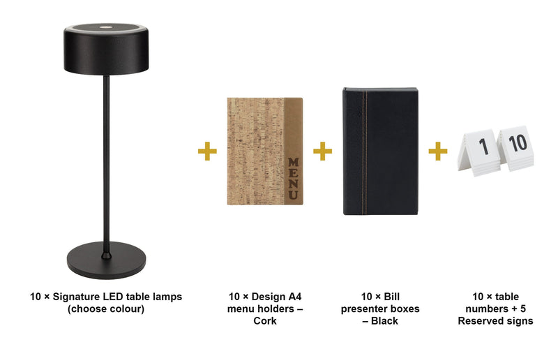 Load image into Gallery viewer, Securit Ready Table Set for 10 Tables - Design Cork - Lamps + Menu Holders + Bill Presenters + Table Numbers - what is in the set
