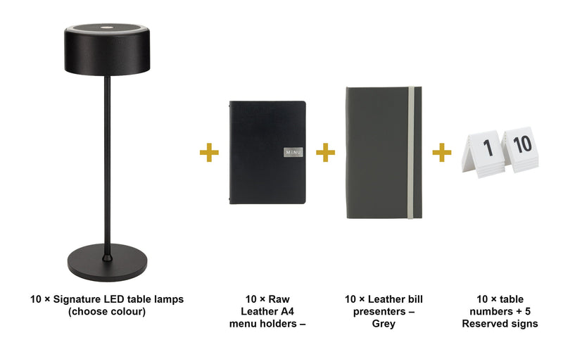 Load image into Gallery viewer, Securit Ready Table Set for 10 Tables - Raw Leather Black - Lamps + Menu Holders + Bill Presenters + Table Numbers - what is in the set
