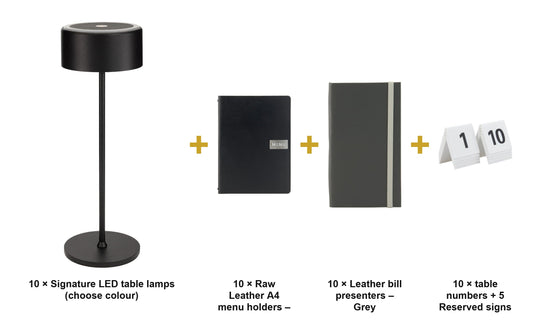 Securit Ready Table Set for 10 Tables - Raw Leather Black - Lamps + Menu Holders + Bill Presenters + Table Numbers - what is in the set