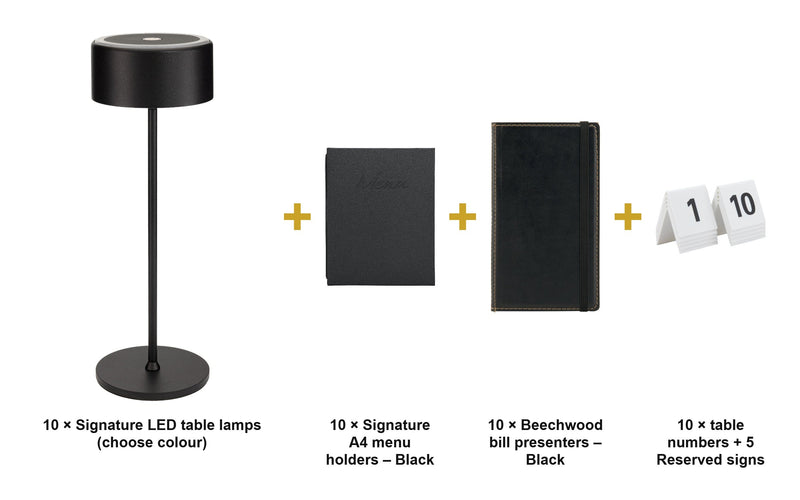 Load image into Gallery viewer, Securit Ready Table Set for 10 Tables - Signature Black - Lamps + Menu Holders + Bill Presenters + Table Numbers - what is in the set
