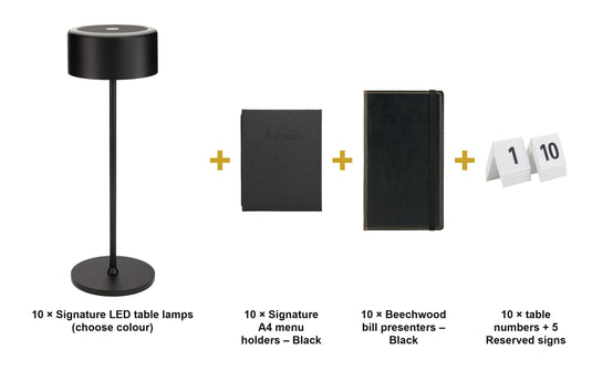 Securit Ready Table Set for 10 Tables - Signature Black - Lamps + Menu Holders + Bill Presenters + Table Numbers - what is in the set