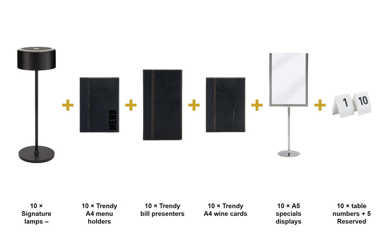 Load image into Gallery viewer, Securit Ready Table Set for 10 Tables - Trendy Black Complete - Lamps + Menus + Wine Cards + Bill Presenters + Specials Displays + Table Numbers - what is in the set
