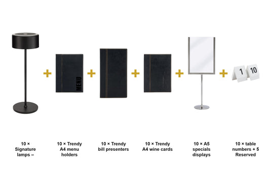 Securit Ready Table Set for 10 Tables - Trendy Black Complete - Lamps + Menus + Wine Cards + Bill Presenters + Specials Displays + Table Numbers - what is in the set