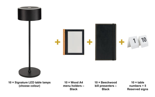 Securit Ready Table Set for 10 Tables - Wood Black - Lamps + Menu Holders + Bill Presenters + Table Numbers - what is in the set