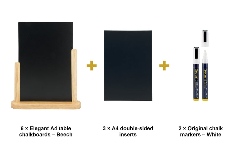 Load image into Gallery viewer, Securit Table Chalkboard Set - Elegant A4 Beech (Pack of 6) - Boards + 3 Extra Inserts + White Markers - what is in the set

