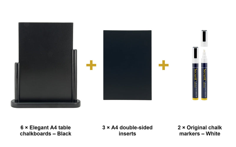 Load image into Gallery viewer, Securit Table Chalkboard Set - Elegant A4 Black (Pack of 6) - Boards + 3 Extra Inserts + White Markers - what is in the set
