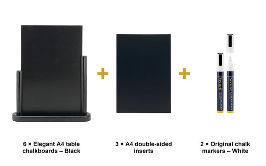 Securit Table Chalkboard Set - Elegant A4 Black (Pack of 6) - Boards + 3 Extra Inserts + White Markers - what is in the set
