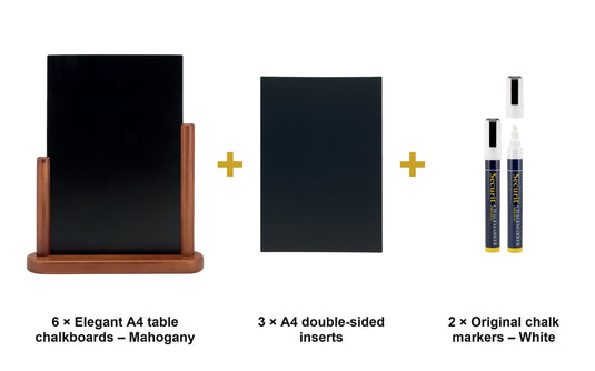 Securit Table Chalkboard Set - Elegant A4 Mahogany (Pack of 6) - Boards + 3 Extra Inserts + White Markers - what is in the set
