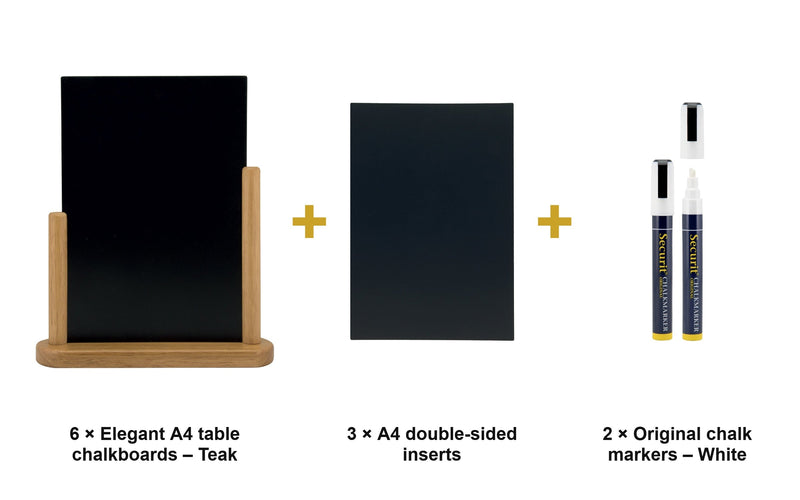 Load image into Gallery viewer, Securit Table Chalkboard Set - Elegant A4 Teak (Pack of 6) - Boards + 3 Extra Inserts + White Markers - what is in the set
