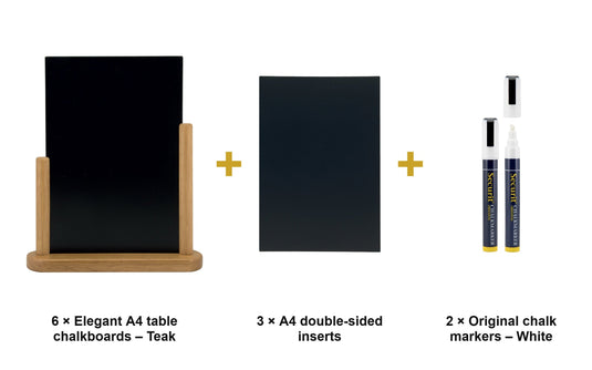 Securit Table Chalkboard Set - Elegant A4 Teak (Pack of 6) - Boards + 3 Extra Inserts + White Markers - what is in the set