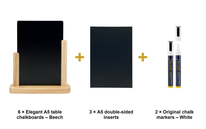 Load image into Gallery viewer, Securit Table Chalkboard Set - Elegant A5 Beech (Pack of 6) - Boards + 3 Extra Inserts + White Markers - what is in the set
