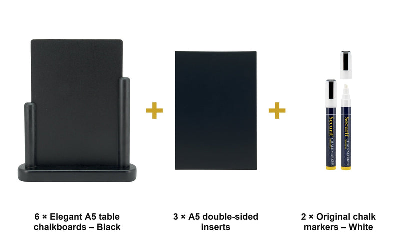 Load image into Gallery viewer, Securit Table Chalkboard Set - Elegant A5 Black (Pack of 6) - Boards + 3 Extra Inserts + White Markers - what is in the set
