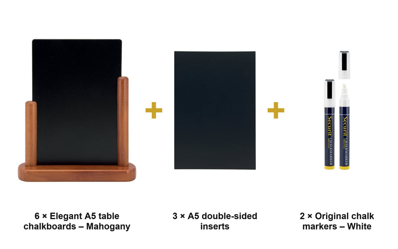 Load image into Gallery viewer, Securit Table Chalkboard Set - Elegant A5 Mahogany (Pack of 6) - Boards + 3 Extra Inserts + White Markers - what is in the set

