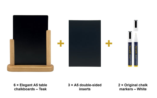 Securit Table Chalkboard Set - Elegant A5 Teak (Pack of 6) - Boards + 3 Extra Inserts + White Markers - what is in the set