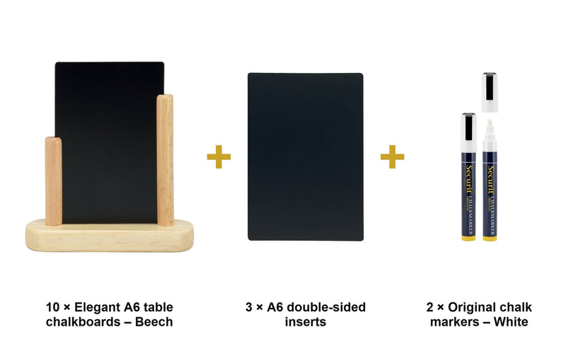 Load image into Gallery viewer, Securit Table Chalkboard Set - Elegant A6 Beech (Pack of 10) - Boards + 3 Extra Inserts + White Markers - what is in the set
