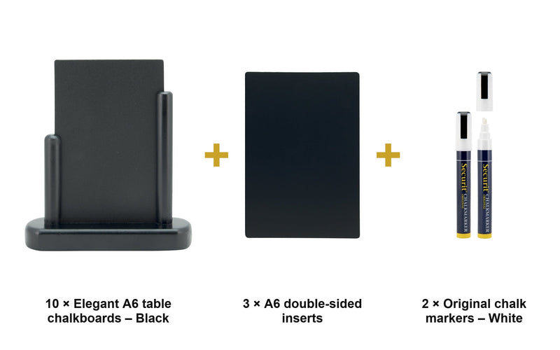 Load image into Gallery viewer, Securit Table Chalkboard Set - Elegant A6 Black (Pack of 10) - Boards + 3 Extra Inserts + White Markers - what is in the set
