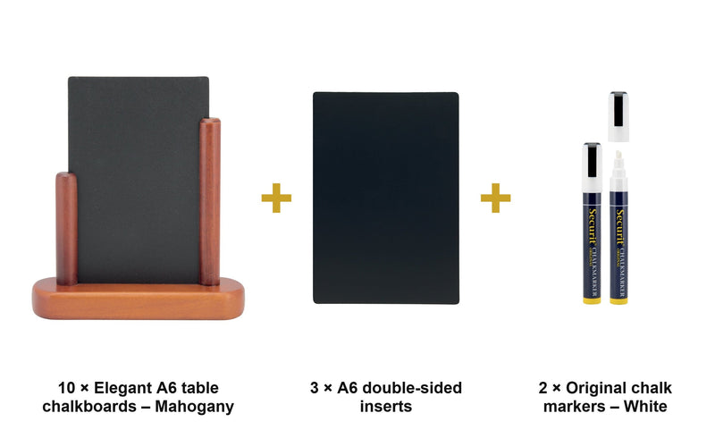 Load image into Gallery viewer, Securit Table Chalkboard Set - Elegant A6 Mahogany (Pack of 10) - Boards + 3 Extra Inserts + White Markers - what is in the set
