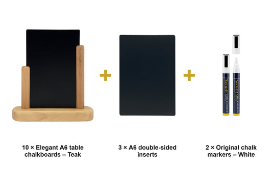 Securit Table Chalkboard Set - Elegant A6 Teak (Pack of 10) - Boards + 3 Extra Inserts + White Markers - what is in the set