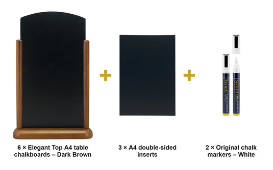 Securit Table Chalkboard Set - Elegant Top A4 Dark Brown (Pack of 6) - Boards + 3 Extra Inserts + White Markers - what is in the set