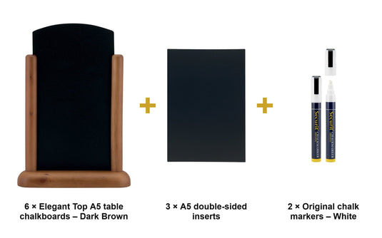 Securit Table Chalkboard Set - Elegant Top A5 Dark Brown (Pack of 6) - Boards + 3 Extra Inserts + White Markers - what is in the set