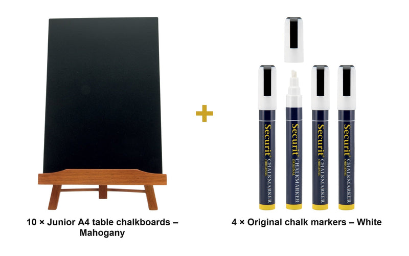Load image into Gallery viewer, Securit Table Chalkboard Set - Junior A4 Mahogany (Pack of 10) - Boards + White Markers - what is in the set
