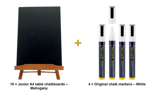 Securit Table Chalkboard Set - Junior A4 Mahogany (Pack of 10) - Boards + White Markers - what is in the set