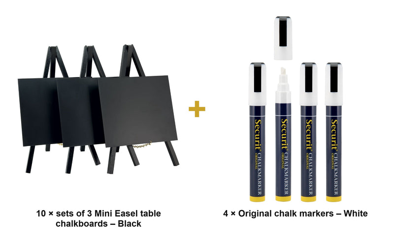 Load image into Gallery viewer, Securit Table Chalkboard Set - Mini Easel Black (10 Sets of 3) - 30 Easels + White Markers - what is in the set
