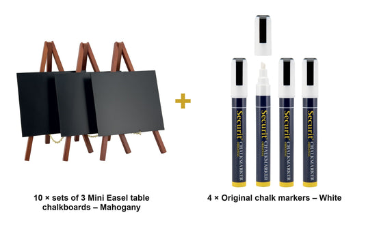 Securit Table Chalkboard Set - Mini Easel Mahogany (10 Sets of 3) - 30 Easels + White Markers - what is in the set