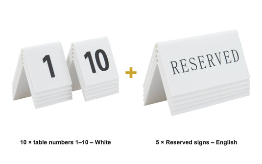 Securit Table Number Set - Tables 1–10 + 5 Reserved Signs - White Acrylic - what is in the set