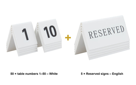 Securit Table Number Set - Tables 1–50 + 5 Reserved Signs - White Acrylic - what is in the set