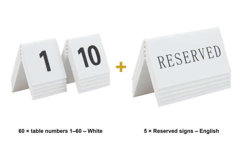 Load image into Gallery viewer, Securit Table Number Set - Tables 1–60 + 5 Reserved Signs - White Acrylic - what is in the set
