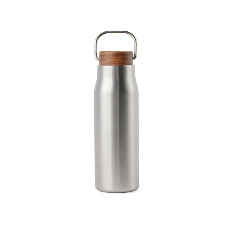 Load image into Gallery viewer, Recycled Vacuum bottle 300ml with acacia wood lid pack of 25 Silver Custom Wood Designs __label: Multibuy silvervacuumrecycledbottlecustomwooddesigns
