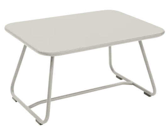 Clay grey Fermob Sixties low outdoor table measuring 76 x 55.5cm, suitable for patio or garden outdoor furniture.