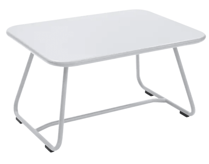 Load image into Gallery viewer, Cotton white Fermob Sixties Low Outdoor Table measuring 76x55.5cm, suitable for patio or garden seating areas.
